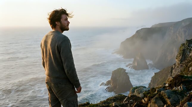 Young bearded man in sweater standing on coastal cliff overlooking ocean waves at sunset, contemplating nature and freedom during golden hour adventure.