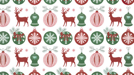Vintage Christmas Seamless Pattern with Red and Green Ornaments, Reindeer, Bells, Snowflakes, and Festive Holiday Decorations