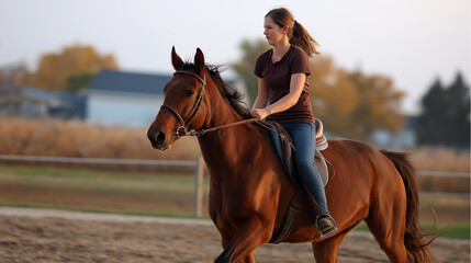Fototapeta premium Faceless young woman running with brown horse in paddock equestrian exercise animal training outdoor activity horseback bonding rural recreation athletic