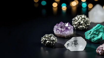 Collection of healing crystals and gemstones including amethyst, pyrite, malachite and clear quartz arranged on dark surface with bokeh lights for wellness.