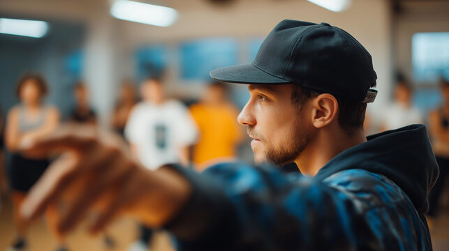 Professional faceless choreographer leading vibrant dance rehearsal in studio creative direction  dancers coordination performance preparation artistic instruction