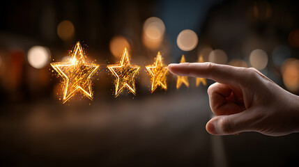 Hand pointing to five star review rating, customer gives positive feedback