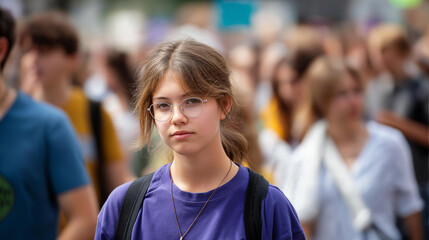 Faceless teenagers protest march looking at camera youth activism  climate strike social justice global warming awareness peace movement inequality protest