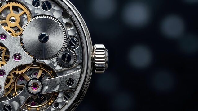 Luxury mechanical watch movement with exposed gears and jewels on dark background. Precision timepiece craftsmanship and horological engineering detail.