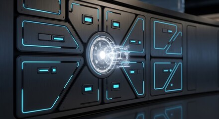 Futuristic Server Interface with Glowing Elements and Complex Design.