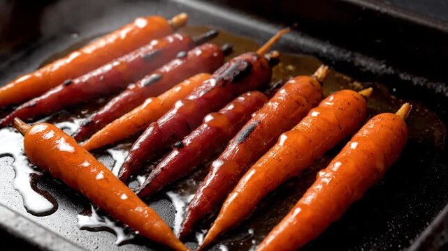 Freshly roasted carrots glistening with olive oil on a dark baking tray, showcasing a vibrant array of orange and purple hues, perfect for a healthy meal or culinary presentation