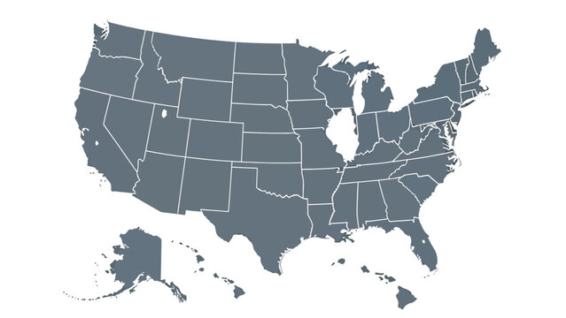 Simple gray map illustration detailing the fifty united states borders with clean white background