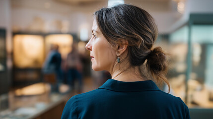 Faceless tour guide leading group through museum exhibition cultural education  art gallery historical display educational tour visitor experience professional