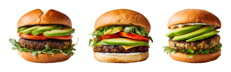 Delicious gourmet vegan burger with fresh vegetable and avocado PNG set with isolated on transparent background