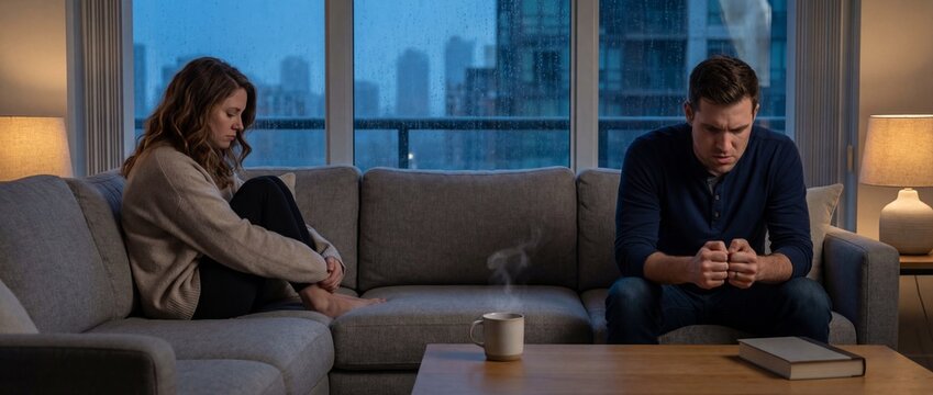 Couple sitting apart on sofa in dimly lit living room at night  