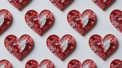 Fototapeta premium A repeating pattern of intricately crafted red and white quilled paper hearts