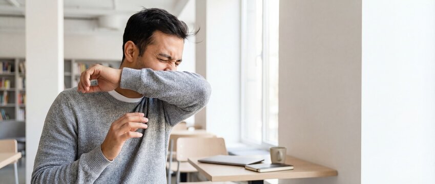 Man sneezing into elbow while holding phone in modern office  