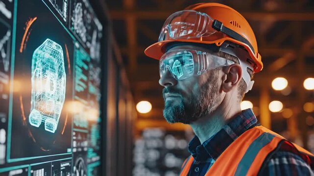 Industrial worker wearing orange safety vest and hard hat viewing digital interface displaying futuristic technology in a warehouse