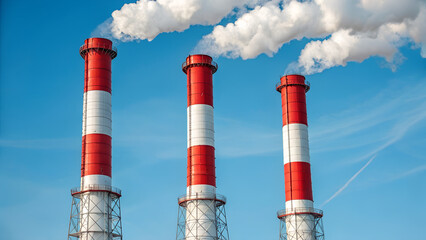 Three industrial chimneys release thick white smoke into the blue sky, symbolizing air pollution and environmental impact.