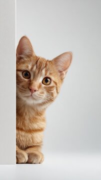 Ginger tabby kitten peeking around a white corner with curious eyes, playful and alert expression, studio portrait with ample copy space for text and design elements