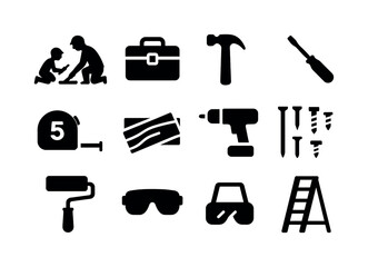 Father-Son Project Icons. A father and son working together on a home improvement project. Solid icon set of a father and son working together on a home