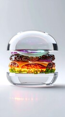 Crystal Glass Burger with Colorful Layers on White Background