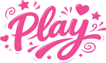 Obraz premium Playful Pink “Play” Typography with Stars, Hearts, and Swirls on White Background