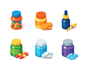 Daily Vitamin Grid. Daily vitamins. Isometric flat vector icons set of daily vitamins: multivitamin bottle, vitamin C tablets, vitamin D drops, B-complex