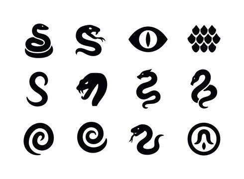 Mythical Serpent Icons. Mythical serpents. Solid icon set of Mythical serpents: coiled serpent form, open-mouthed snake, serpent eye, scale texture, tail