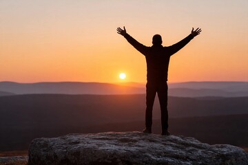 Fototapeta premium Person stands on rock at sunset in open landscape