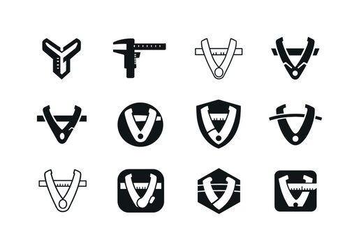 Fitness Logo Icons. Fitness assessments and body measurements. Icon set. Set Logo of fitness assessments and body measurements: caliper tool. harmonious logo