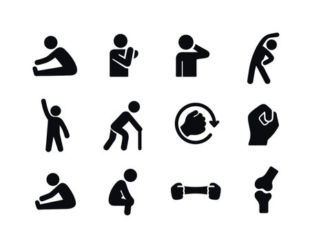 Stretching Icon Set. Gentle stretching. Solid icon set of Gentle stretching: hamstring stretch icon, shoulder stretch, neck stretch, side bend, arm reach, calf