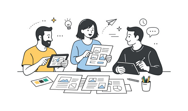 Creative Team Collaboration. Creative agency planning. Colleagues reviewing layouts and concepts on tablets and printed sheets. Structured creativity and