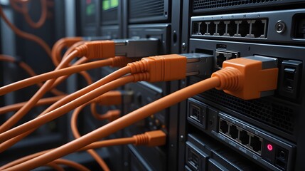 Multiple orange Ethernet cables connected to network servers in a data center from a close-up view
