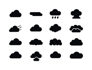 Cloud Icons Set. Cloud types. Solid icon set of cloud types: cumulus cloud, stratus cloud, nimbus cloud, cirrus cloud, cumulonimbus cloud, altocumulus cloud,