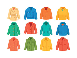 Colorful Spring Outerwear Icons. Spring outerwear. Colorful flat vector icons set of Spring outerwear: light trench, denim jacket, short coat, windbreaker,