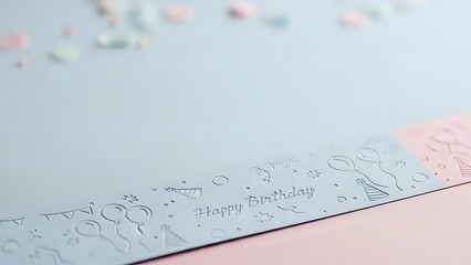 Embossed happy birthday greeting card with decorative text and confetti on pastel background for celebration and party invitations.