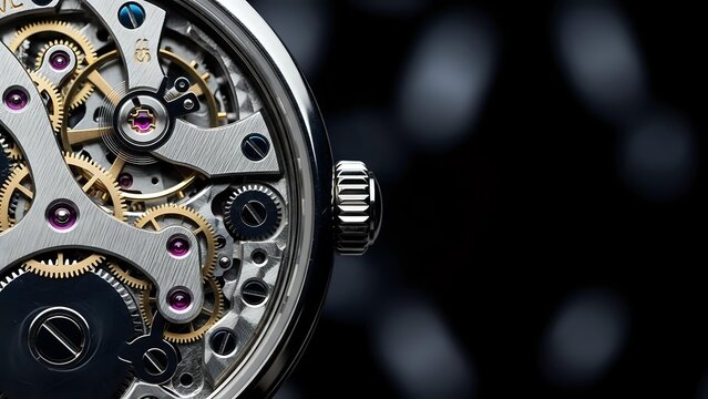 Luxury mechanical watch with exposed movement showing intricate gears and jewels against dark background for premium timepiece advertising.