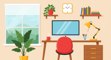 Fototapeta premium Comfortable and modern home office setup with a desk, computer, and plants, featuring a large window overlooking a scenic mountain landscape, perfect for remote work or study