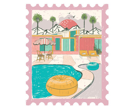 California retro resort artwork. Palm springs t shirt design. Swimming pool colorful retro print artwork.