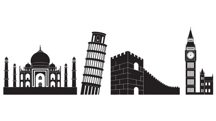 Obraz premium Vector Illustration Of Famous Landmarks Silhouettes Including Taj Mahal, Leaning Tower Of Pisa, Great Wall Of China, And Big Ben For Travel And Tourism Concept On Transparent Backg