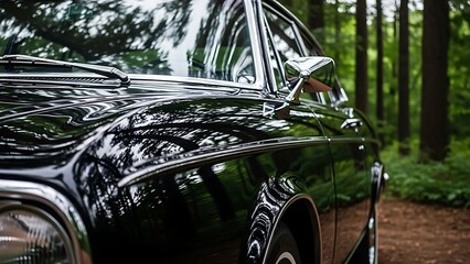 A classic black automobile reflecting the lush green forest surroundings on a clear day