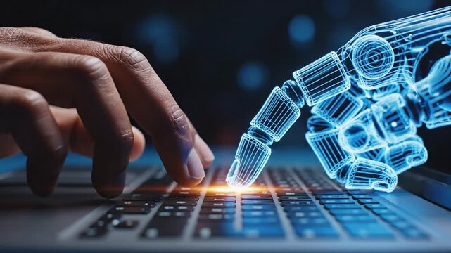 Human hand interacting with robotic hand on a keyboard in a futuristic technological setting