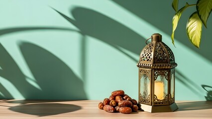 A lantern and dates on a table with a green wall and leaf shadows