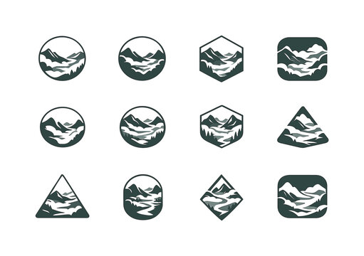 Quiet Valley Icons. Quiet Valley. Icon set. Set Logo of Quiet Valley: fog rolling through valley. harmonious logo variations of the same emblematic concept,