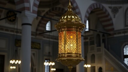 A lantern with a golden and colorful design hanging from a ceiling in a large room