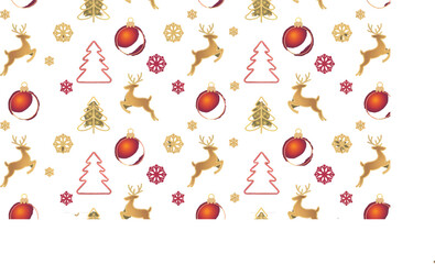 Vintage Christmas Seamless Pattern with Red and Green Ornaments, Reindeer, Bells, Snowflakes, and Festive Holiday Decorations