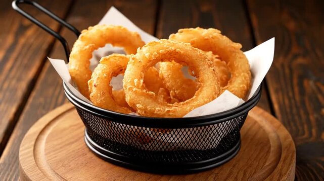 A close-up view of crispy, golden-brown onion rings served in a black wire basket on a wooden board, with a rustic background, perfect for food photography or menu design