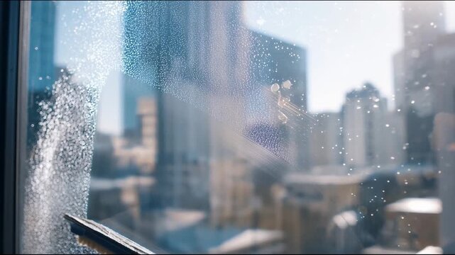 A window cleaning squeegee swipes across soapy glass, clearing foam and leaving a transparent streak against a background of sunny skyscrapers