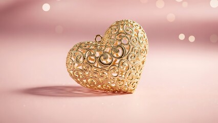 A delicate golden heart pendant resting on a soft blurred pink surface