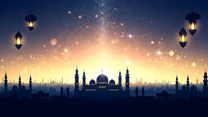 Beautiful silhouette of a mosque at sunset with lanterns in the sky