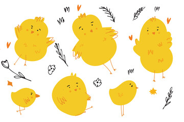 Cute yellow chick vector illustration set with small decorative elements. Spring-themed character collection suitable for Easter designs, children&rsquo;s projects, stickers, cards, nursery prints, packagin