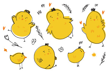 Cute yellow chick vector illustration set with small decorative elements. Spring-themed character collection suitable for Easter designs, children&rsquo;s projects, stickers, cards, nursery prints, packagin