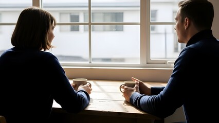 Two People Drinking Hot Beverage Together at Table Beside Window in Natural Light