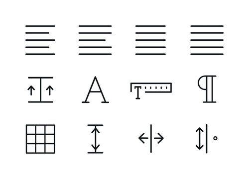 Text Alignment Icons. Text alignment. Line icon set of Text alignment: left align, right align, center align, justified text, line spacing, baseline icon,